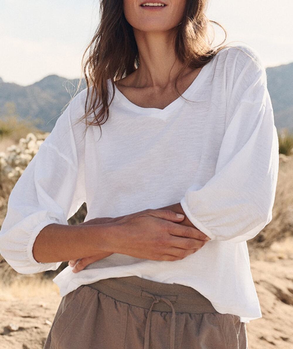 PACT White Organic Cotton V-Neck Top Women’s XL Oversized 3/4 Sleeve Relaxed